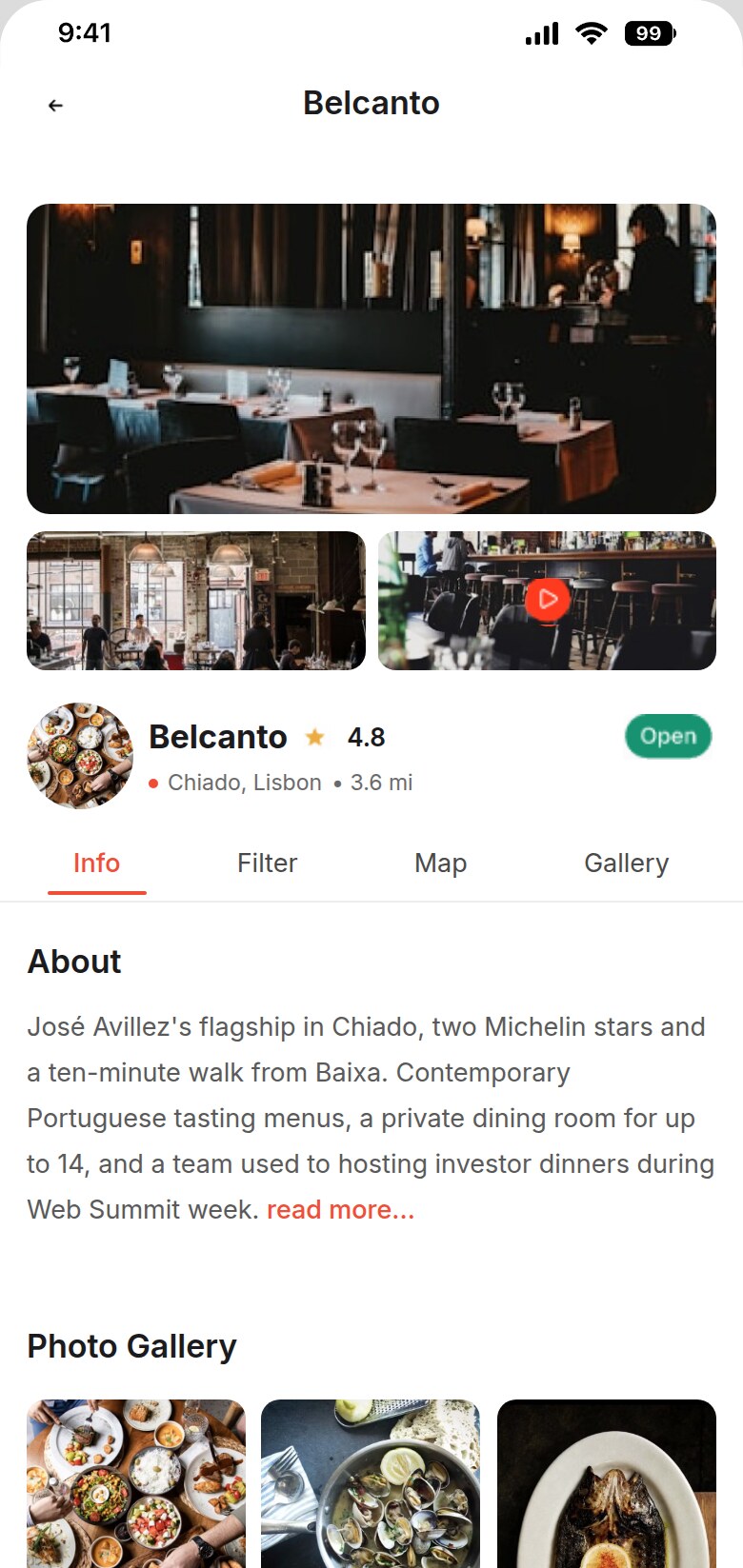Savrli app restaurant page for Belcanto showing hours, room details and gallery