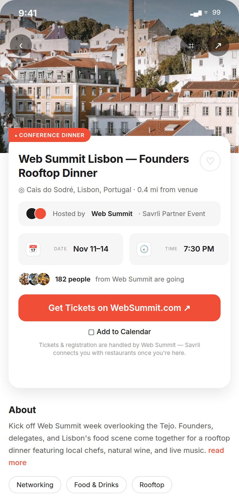 Savrli app event page for a Web Summit founders rooftop dinner
