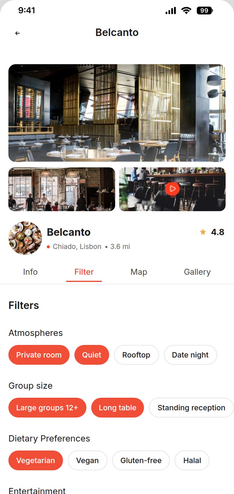 Savrli app filters for atmosphere, group size and dietary preferences