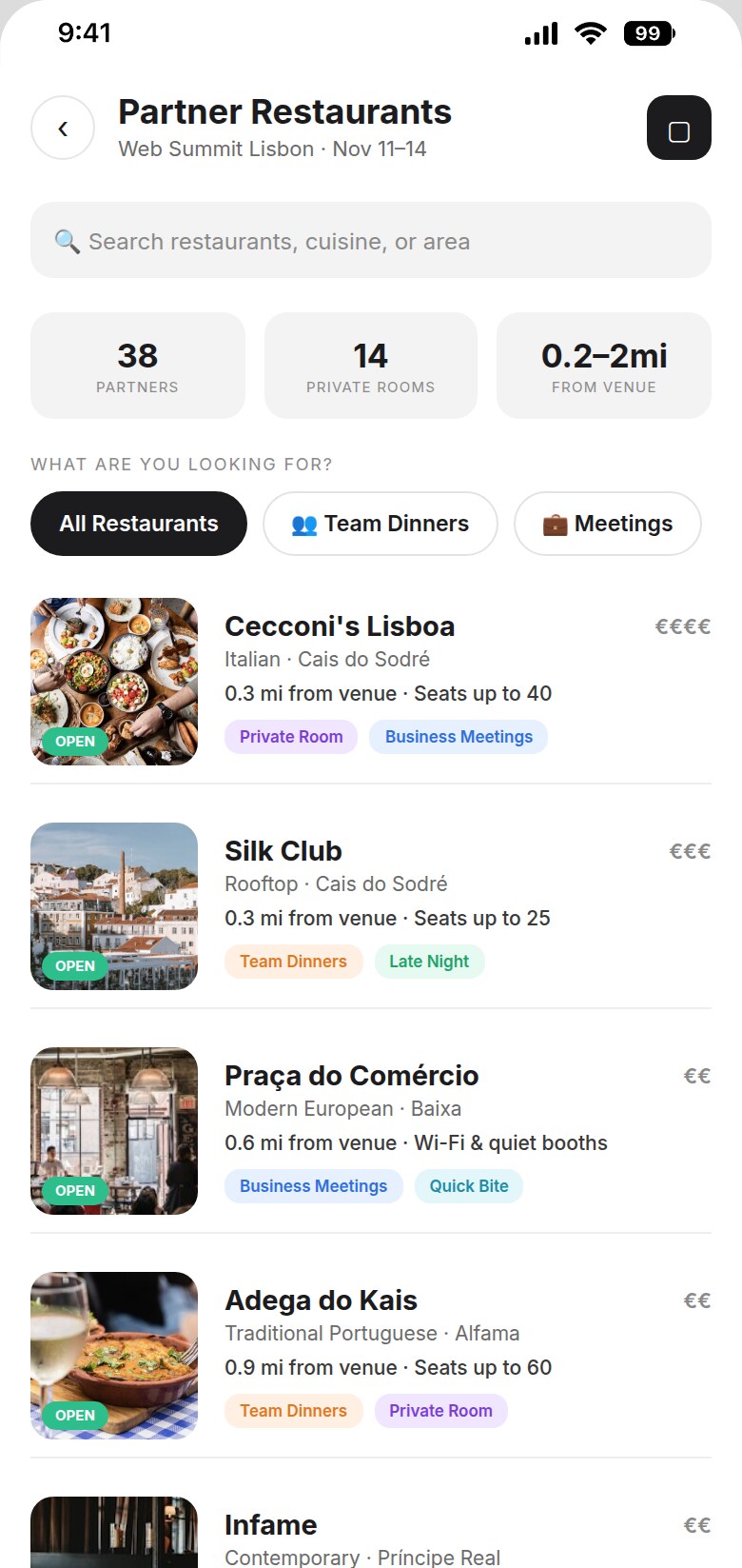 Savrli app showing 38 partner restaurants near the Web Summit venue