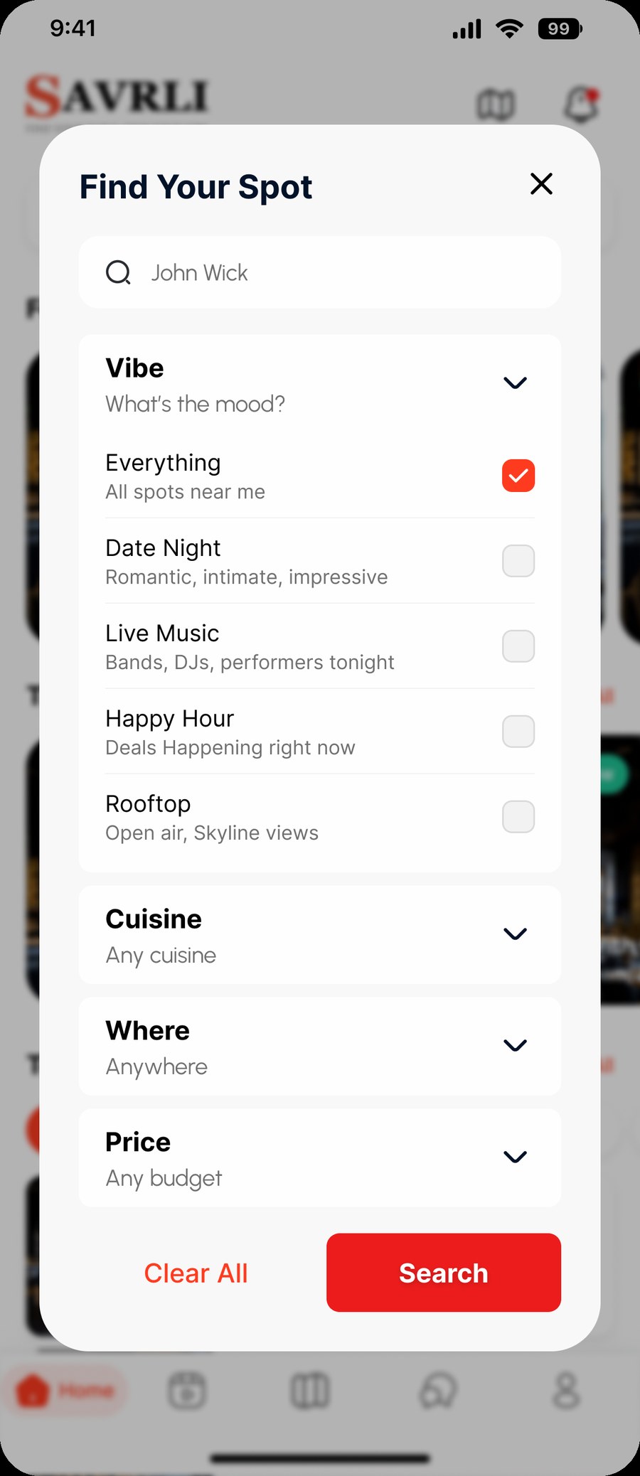 Savrli app Vibe filter expanded showing Date Night, Live Music, Happy Hour and Rooftop options