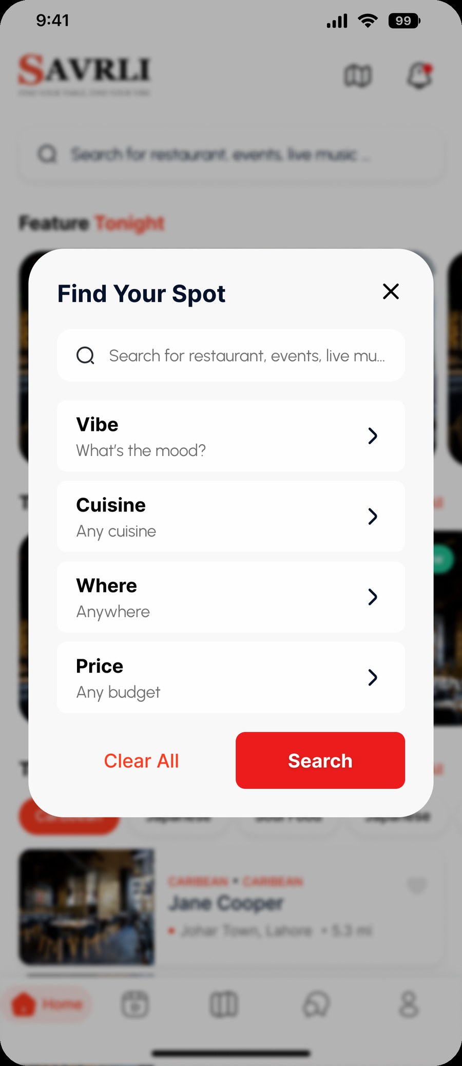 Savrli app Find Your Spot search modal with Vibe, Cuisine, Where and Price filters