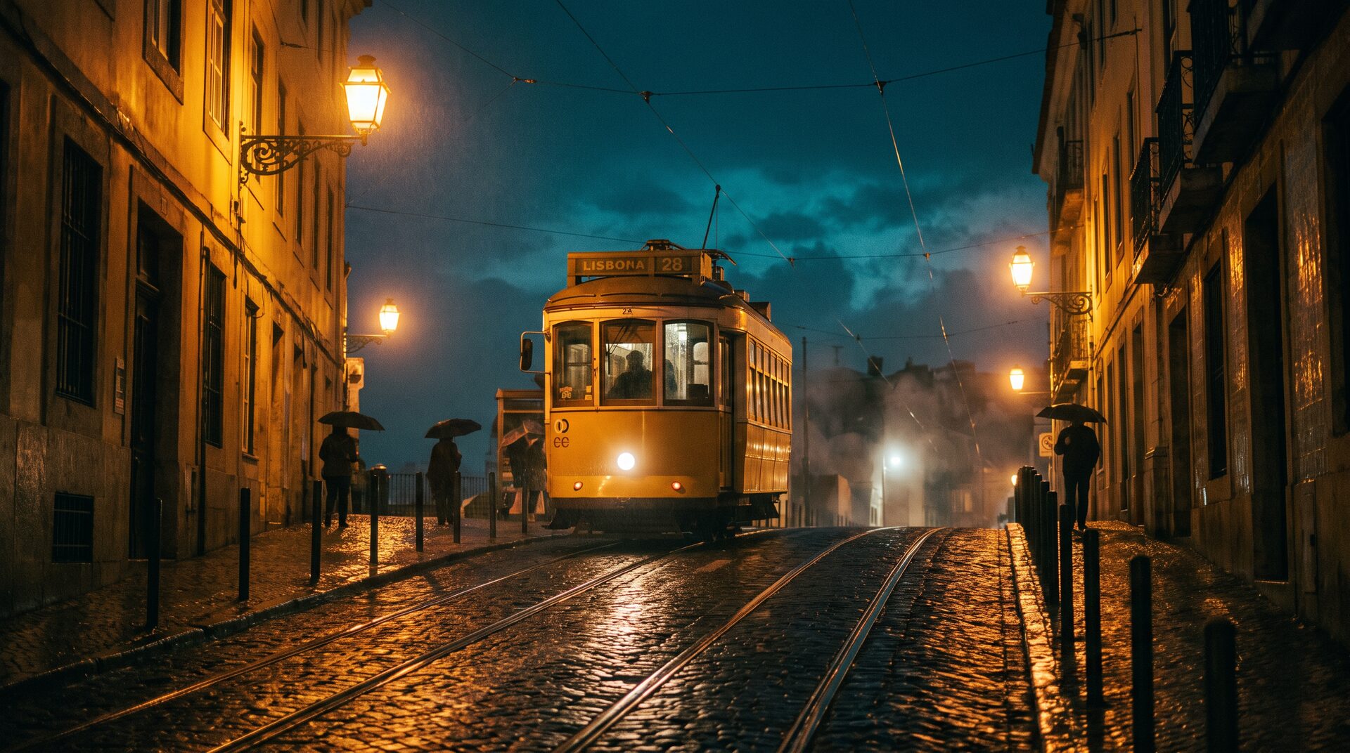 A classic yellow Lisbon tram climbing a lantern-lit hill at night