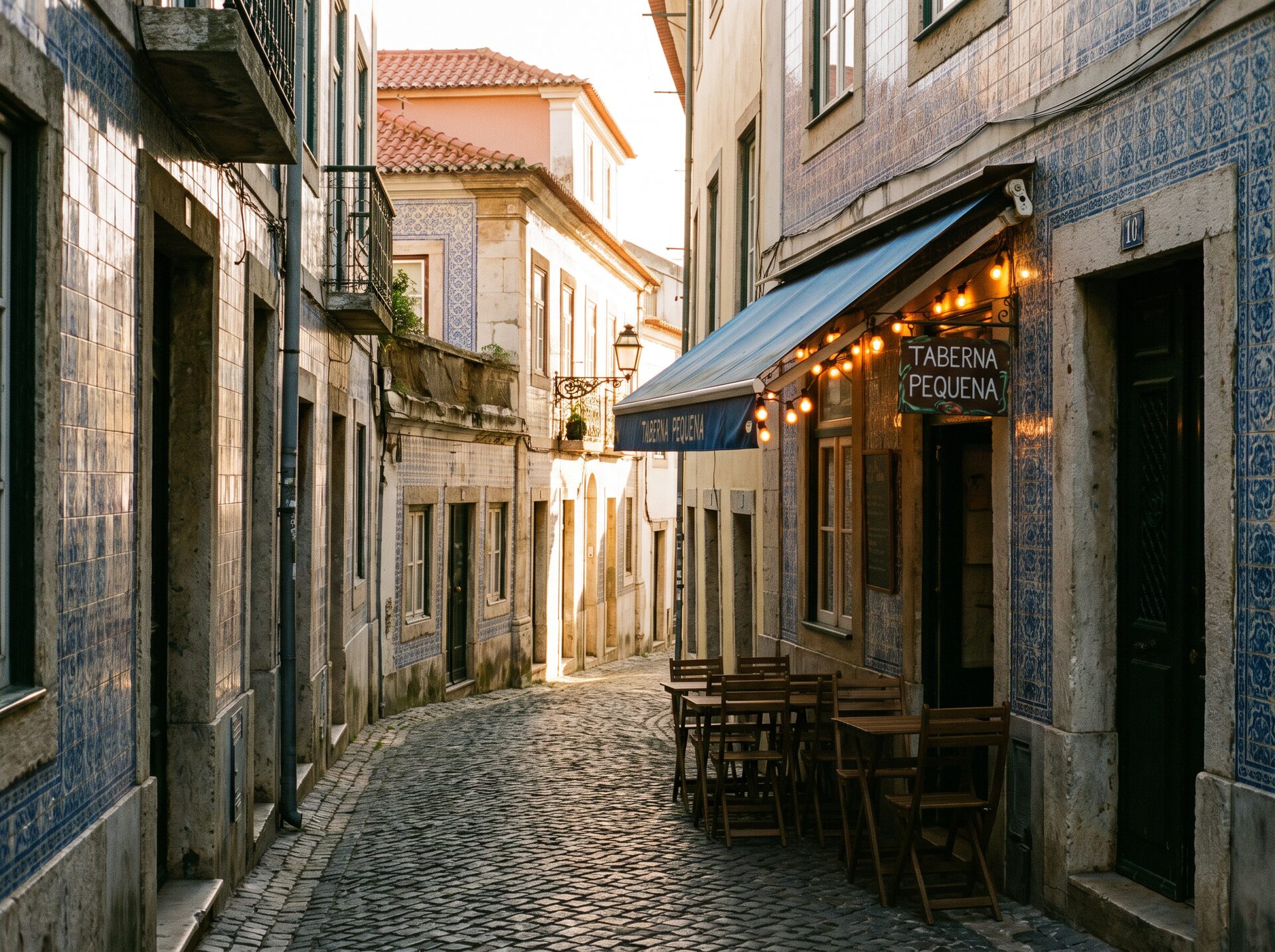 A quiet cobblestone street in Alfama, Lisbon with an inviting outdoor restaurant terrace