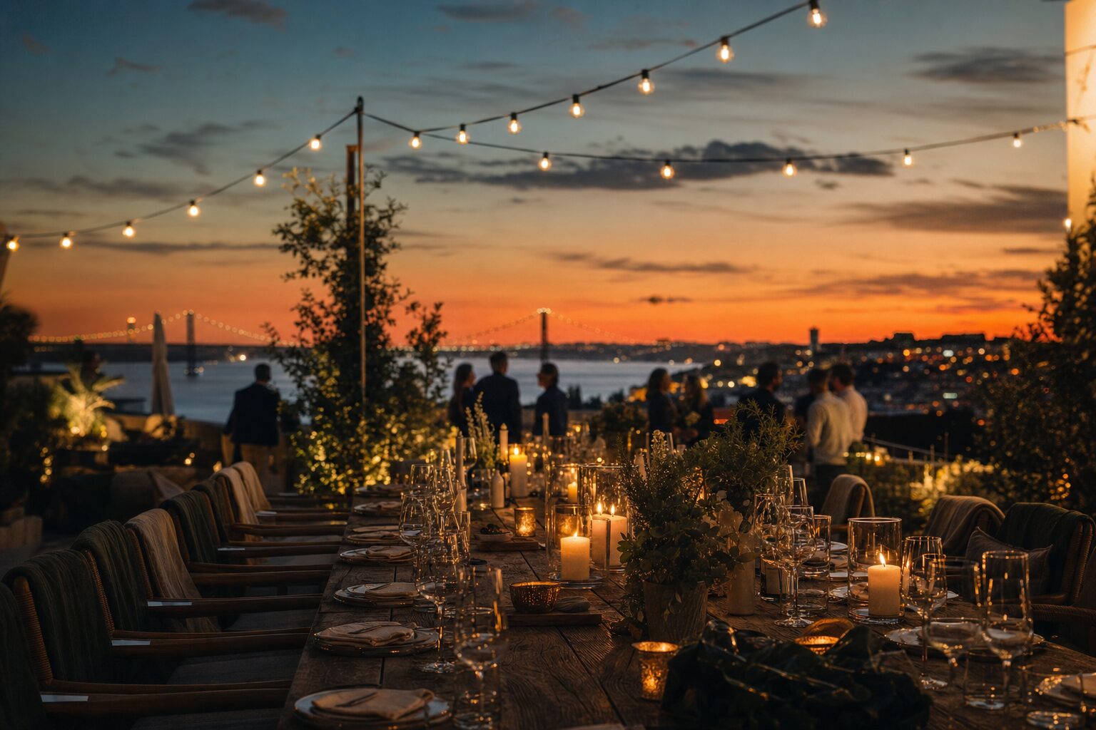 A rooftop founders dinner in Lisbon at dusk overlooking the Tejo river