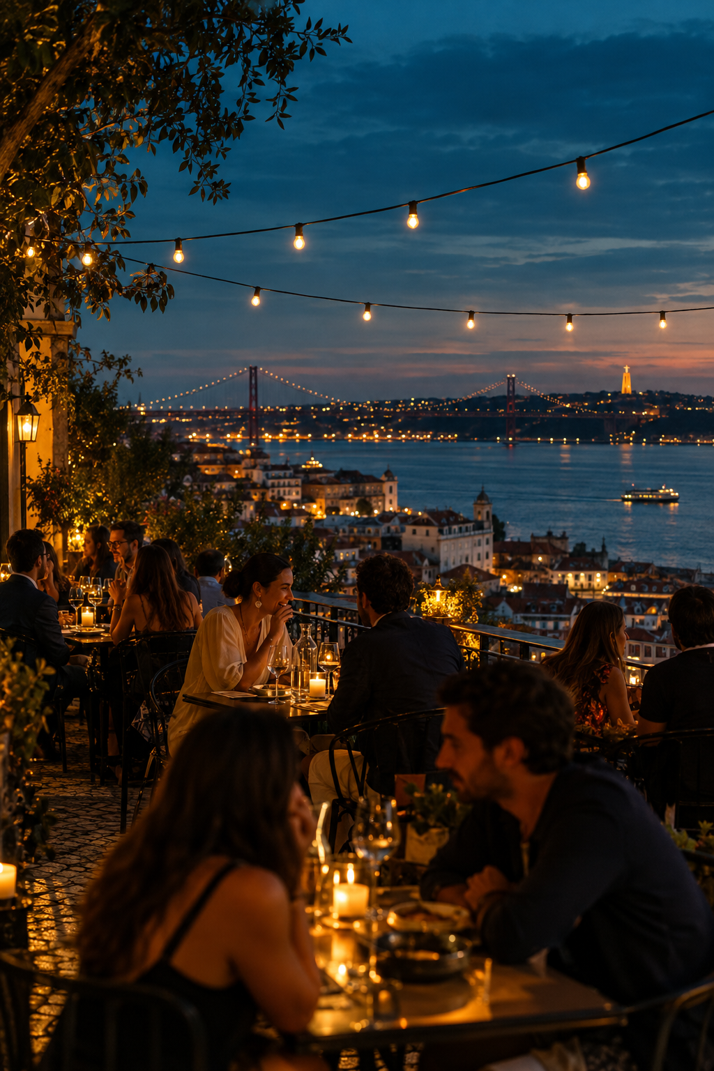 Lisbon restaurant terrace at dusk