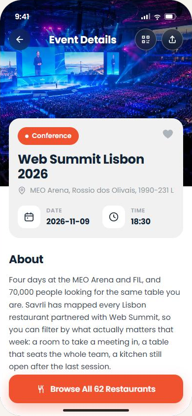 Web Summit event page in the Savrli app